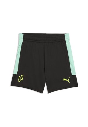 Zwarte sportshorts met lichtgroene zijpanelen, een elastische tailleband en gele Puma- en "N"-logo's aan de voorzijde, onderaan de zijkanten.