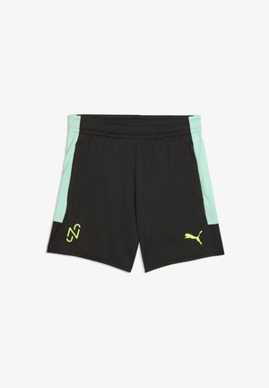 Pantaloncini sportivi neri con pannelli laterali verde chiaro, vita elastica e loghi gialli Puma e "N" sulle parti inferiori anteriori.
