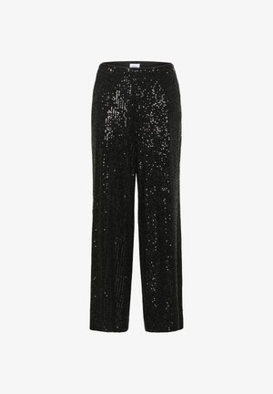 Čierne trblietavé nohavice so širokým strihom, s hladkým elastickým pásom a textúrovaným povrchom pokrytým trblietavými flitrami.