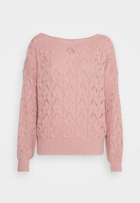 Maglione rosa a maglia con vestibilità ampia, caratterizzato da un motivo a rombi testurizzato, orli a costine e collo leggermente scollato sulle spalle.