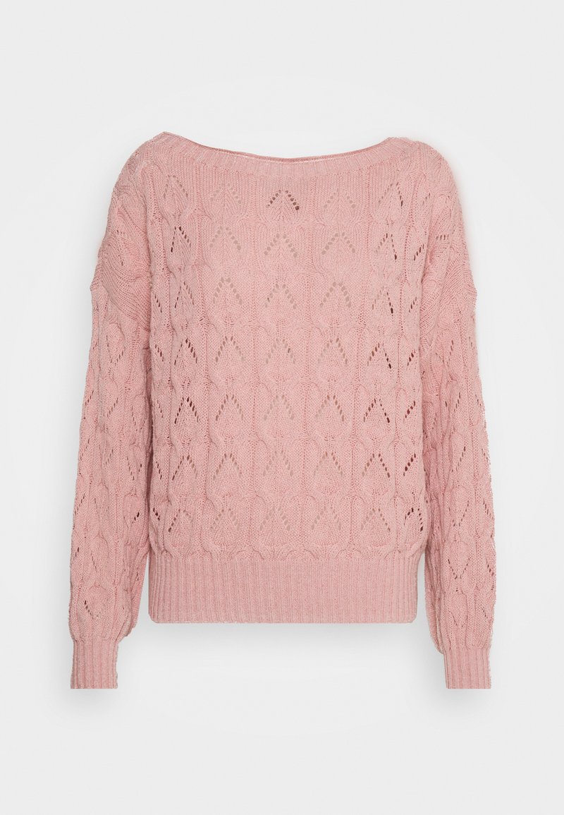 Rosa strikket genser med løs passform, har et teksturert diamantmønster, ribbede kanter og en lett av-skulder halslinje.