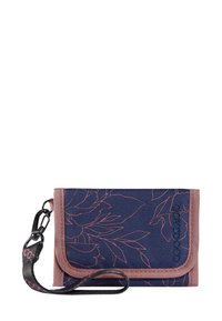 Navy blue fabric wallet with pink floral line patterns, pink trim, black wrist strap, and logo embroidery on the front.