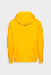 Yellow hoodie with a kangaroo pocket and drawstring hood. Features ribbed cuffs and hem, made from smooth, thick cotton fabric.