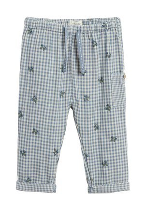Blå og hvide gingham-bukser til småbørn med elastisk talje, snor, opsmøgede ben, lille sidelomme og broderede blomsterdetaljer.
