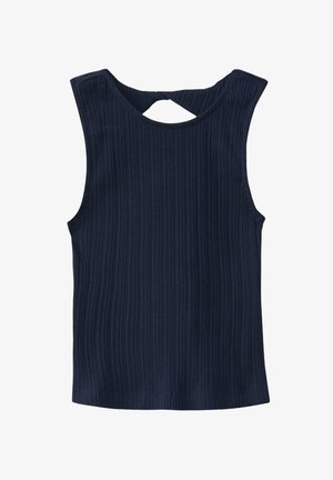 Marineblaues, geripptes Tanktop mit einem Schlüsselloch-Ausschnitt am Rücken. Ärmelloses Design mit einer enganliegenden Silhouette und glatter Textur.