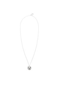 Collana in argento con un ciondolo testurizzato a forma di volto di gufo rotondo, dotato di due perline nere per gli occhi e una sottile catena.