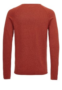 Roter Pullover mit langen Ärmeln, Rundhalsausschnitt, gerippten Bündchen und geradem Saum. Der Stoff hat ein strukturiertes Strickmuster.
