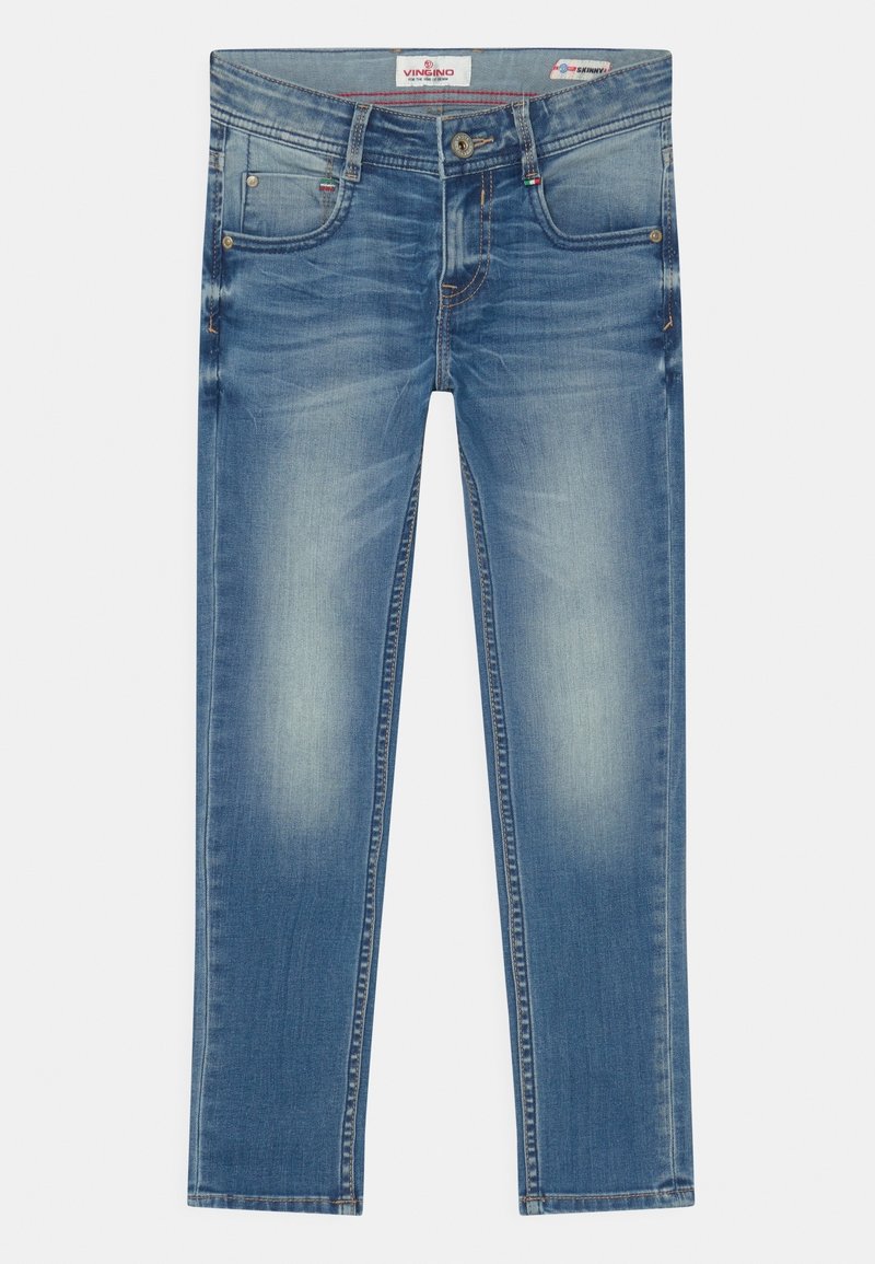 Jeans en denim bleu skinny avec un délavage léger, cinq poches et une fermeture éclair. Présente des accents de couture subtils et un design classique de jambe droite.