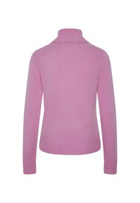 Maglione a maniche lunghe color rosa chiaro con collo alto, mostrato da dietro, con polsini, orlo e collo a coste.