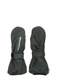 Guanti impermeabili verdi con polsini elasticizzati e chiusure in Velcro. Presentano un’etichetta sul lato e un piccolo accento della bandiera svedese alla base.