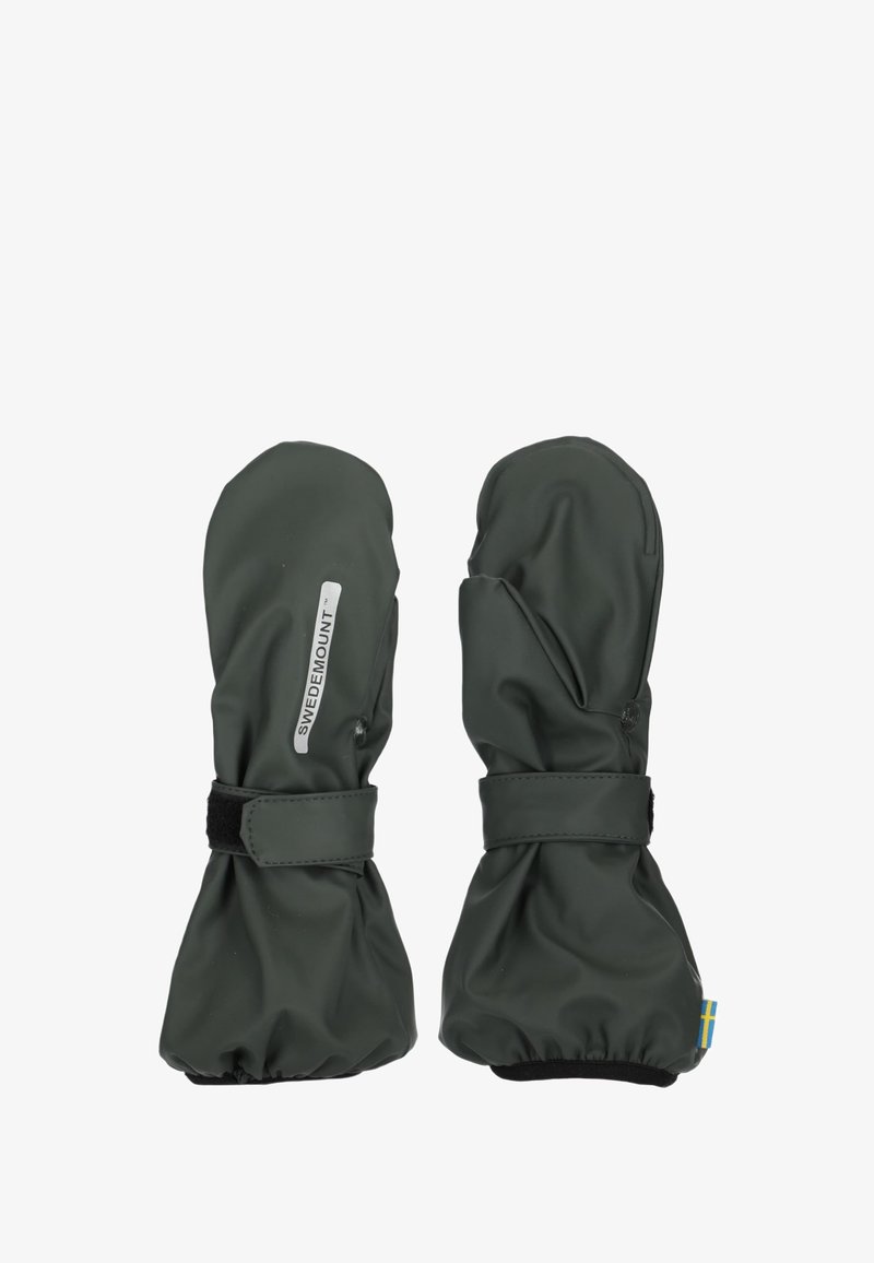 Grüne wasserdichte Handschuhe mit elastischen Bündchen und Klettverschluss. Mit einem Etikett an der Seite und einem kleinen schwedischen Flaggenakzent an der Unterseite.