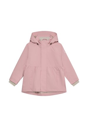 Chaqueta impermeable rosa claro con capucha, cierre de cremallera, bolsillos laterales y puños elásticos. Presenta un diseño con peplum y forro suave.