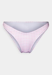 Parte de baixo de biquíni em padrão gingham rosa e branco, com uma textura de tecido suave, design de corte baixo e frente em forma de V para um estilo moderno.
