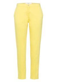 Pantalon en coton jaune au design ajusté, doté d'une fermeture à boutons sur le devant et de deux poches latérales, texture lisse et jambes fuselées.