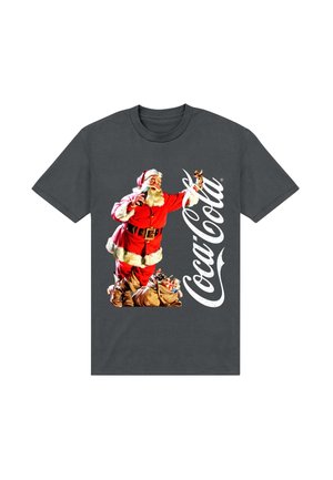 Szara koszulka z grafiką vintage Świętego Mikołaja w czerwono-białych barwach, z logo Coca-Cola, przedstawiająca Mikołaja trzymającego butelkę i zabawki.