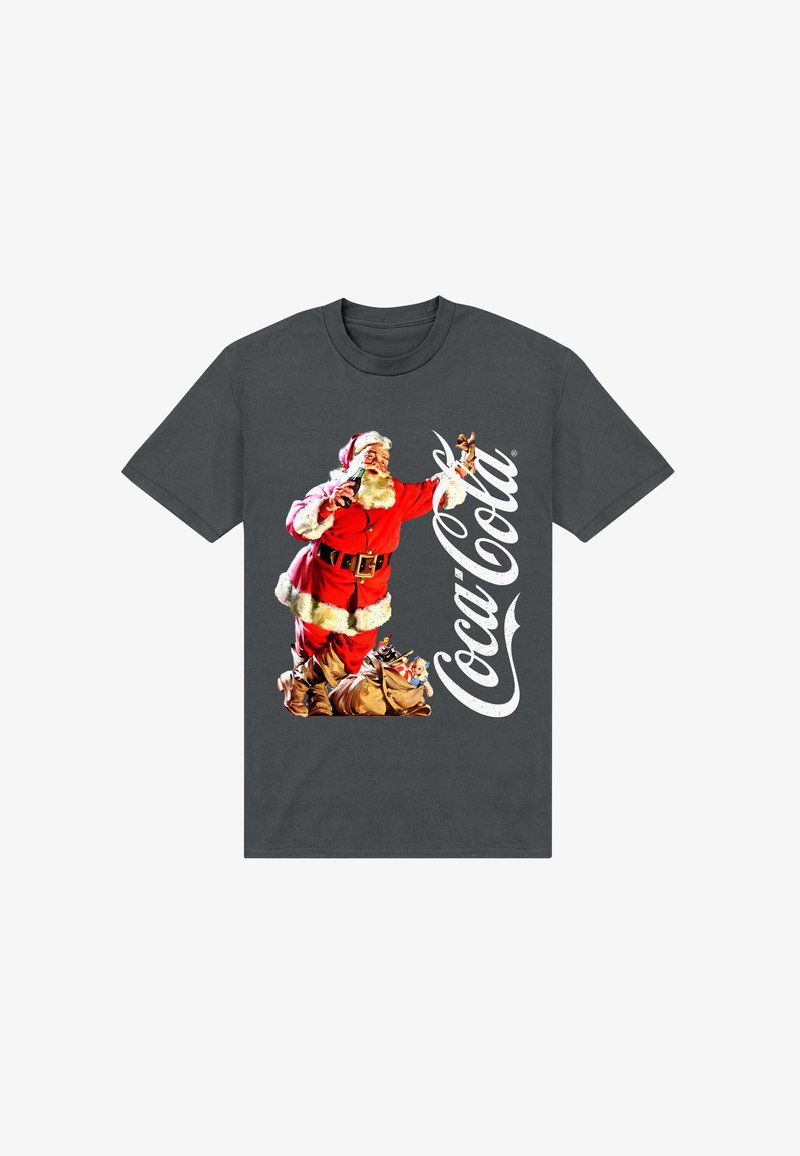 Šedé tričko s vintage grafikou Santa Clause v červené a bílé barvě se znakem Coca-Coly, zobrazujícího Santa Clause, jak drží láhev a hračky.