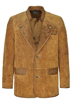 Brązowa skórzana kurtka z kołnierzem klapowym, dekoracyjnym szwem i dwoma przednimi kieszeniami. Posiada metalowe guziki i gładką podszewkę.