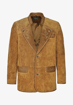 Bruine suède jas met een reverskraag, decoratieve stiksels en twee voorzakken. Voorzien van metalen knopen en een gladde binnenvoering.