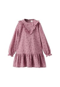 Roza cvetlična obleka z dolgimi rokavi, nabranim izrezom in večplastnim robom. Izdelana iz teksturirane tkanine z nežnimi cvetličnimi vzorci.