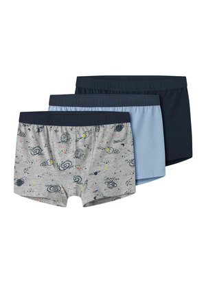 Trois paires de boxers pour hommes : gris avec imprimé spatial, bleu clair et bleu foncé. Tissu en coton doux, ceinture élastique avec logo.