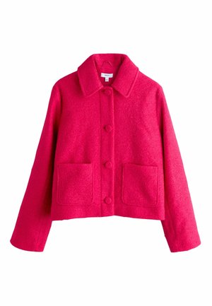 Rosa kurze Jacke aus Wollmischgewebe mit einem Reverskragen, vier Knöpfen und zwei Fronttaschen. Weiche Textur, strukturiertes Design.