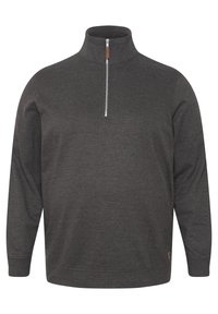 Dunkelgrauer Pullover aus weichem Stoff. Besitzt einen halben Reißverschluss an der Vorderseite, einen hohen Kragen und ein kleines Lederakzent am Saum. Einfaches Design.