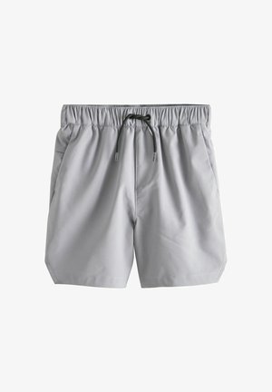 Grå badeshorts lavet af glat syntetisk materiale, med elastisk taljebånd med snøre og to sidelommer.