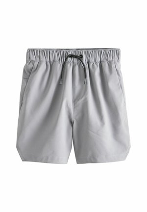 Graue Badeshorts aus glattem synthetischem Material, mit elastischem Bund und Kordelzug sowie zwei Seitentaschen.
