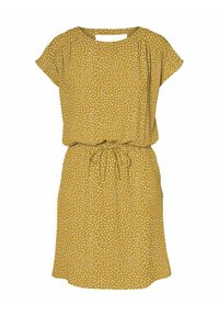 Vestido mostaza con mangas cortas, que presenta una cintura ajustada y un patrón de lunares blancos. Fabricado con una tela ligera y texturizada.