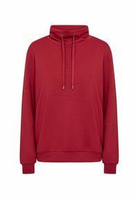 Červený dlhý rukáv pulóver s vysokým golierom a nastaviteľnými šnúrkami, rebrované manžety a pás.