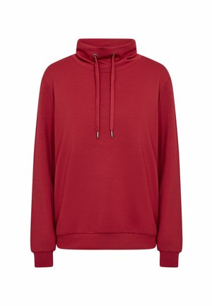 Pulóver rojo de manga larga con cuello alto y cordones ajustables, puños acanalados y cinturilla.