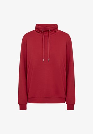 Pull-over rouge à manches longues avec col haut et cordons de serrage réglables, bords côtelés aux poignets et à la taille.