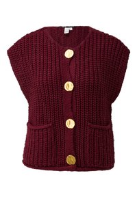 Burgundijas adīta veste ar V veida kaklu, īsām piedurknēm, pieciem zeltītiem pogām un divām priekšējām kabatām. Bieza tekstūra un ribota raksts.