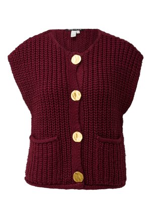 Gilet lavorato a maglia bordeaux con scollo a V, maniche corte, cinque bottoni dorati e due tasche frontali. Texture spessa e motivo a coste.