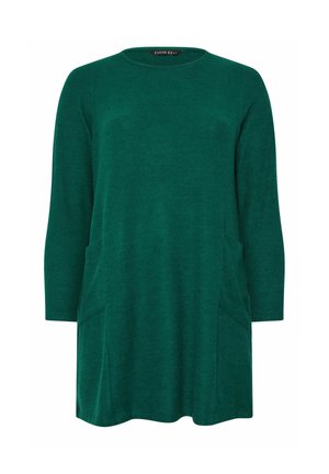 Tunika verde a maniche lunghe con scollatura rotonda, due tasche laterali e vestibilità comoda. Realizzata in un tessuto morbido con una texture liscia.