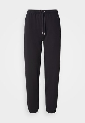 Zwarte sweatpants van zacht materiaal, met een elastische tailleband met trekkoord en omslagmanchetten voor een veilige pasvorm. Eenvoudig ontwerp zonder patronen.
