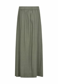 Gonna maxi verde oliva realizzata in tessuto leggero con una cintura elastica, caratterizzata da un design fluido e priva di motivi o accessori visibili.