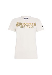 Weißes Baumwoll-T-Shirt mit goldenem Aufdruck und dem Text "BOXEUR DES RUES" sowie einer Boxgrafik auf der Vorderseite. Kurzärmlig, Rundhalsausschnitt.
