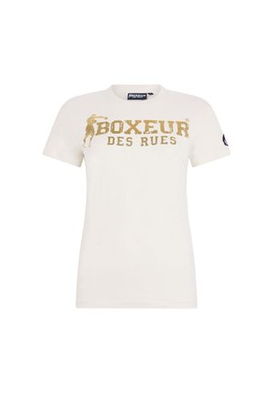 Weißes Baumwoll-T-Shirt mit goldenem Aufdruck und dem Text "BOXEUR DES RUES" sowie einer Boxgrafik auf der Vorderseite. Kurzärmlig, Rundhalsausschnitt.