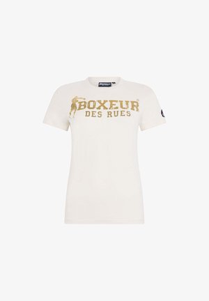 Weißes Baumwoll-T-Shirt mit goldenem Aufdruck und dem Text "BOXEUR DES RUES" sowie einer Boxgrafik auf der Vorderseite. Kurzärmlig, Rundhalsausschnitt.