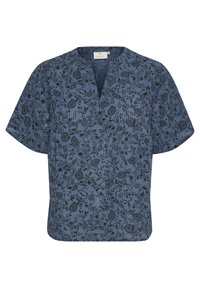 Blusa blu a maniche corte con motivo floreale, scollatura a V e vestibilità rilassata. Realizzata in un tessuto leggero per il massimo comfort.