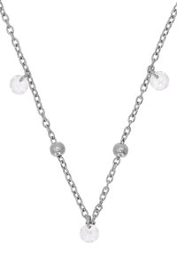 Collana in argento con perline metalliche tonde e accenti di cristallo trasparente disposti lungo la catena.