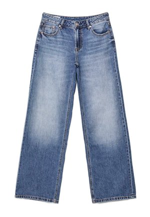 Blaue Jeans aus Denim mit hoher Taille, weitem Bein, vorderen Taschen und ausgewaschenen Bereichen an den Oberschenkeln, flach auf einem weißen Hintergrund liegend.