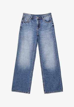 Blaue Jeans aus Denim mit hoher Taille, weitem Bein, vorderen Taschen und ausgewaschenen Bereichen an den Oberschenkeln, flach auf einem weißen Hintergrund liegend.