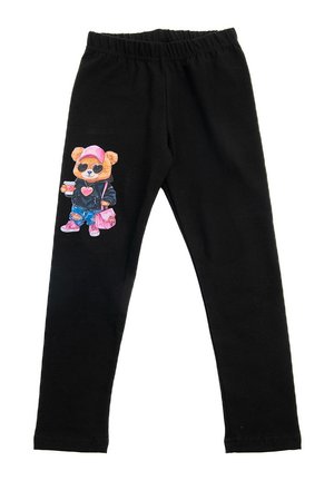 Czarne legginsy z miękkiego materiału, z kolorowym nadrukiem niedźwiedzia w bluzie z kapturem i okularach przeciwsłonecznych na lewym nogawce. Elastyczny pas.