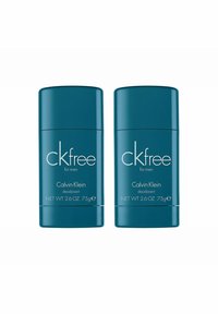 To sæt teal farvede stiftdeodoranter mærket "ckfree for men" af Calvin Klein, hver 75g, med en glat cylinderformet design og klar tekst.