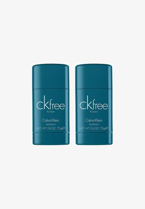 Kaksi teal-väristä tikkudeodoranttia, joissa lukee "ckfree for men" Calvin Kleinilta, kummankin paino 75g, joissa on sileä sylinterimäinen muotoilu ja selkeä teksti.