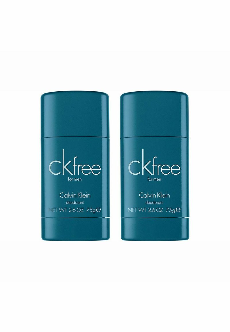 To sæt teal farvede stiftdeodoranter mærket "ckfree for men" af Calvin Klein, hver 75g, med en glat cylinderformet design og klar tekst.