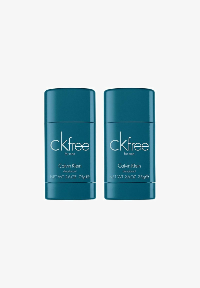 To sæt teal farvede stiftdeodoranter mærket "ckfree for men" af Calvin Klein, hver 75g, med en glat cylinderformet design og klar tekst.