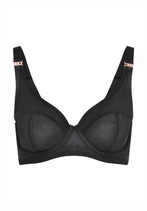 Schwarzer Unterwired-BH aus strukturiertem Mesh-Gewebe. Verfügt über gepolsterte Cups und verstellbare Träger mit roségoldenen Hardware-Akzenten.